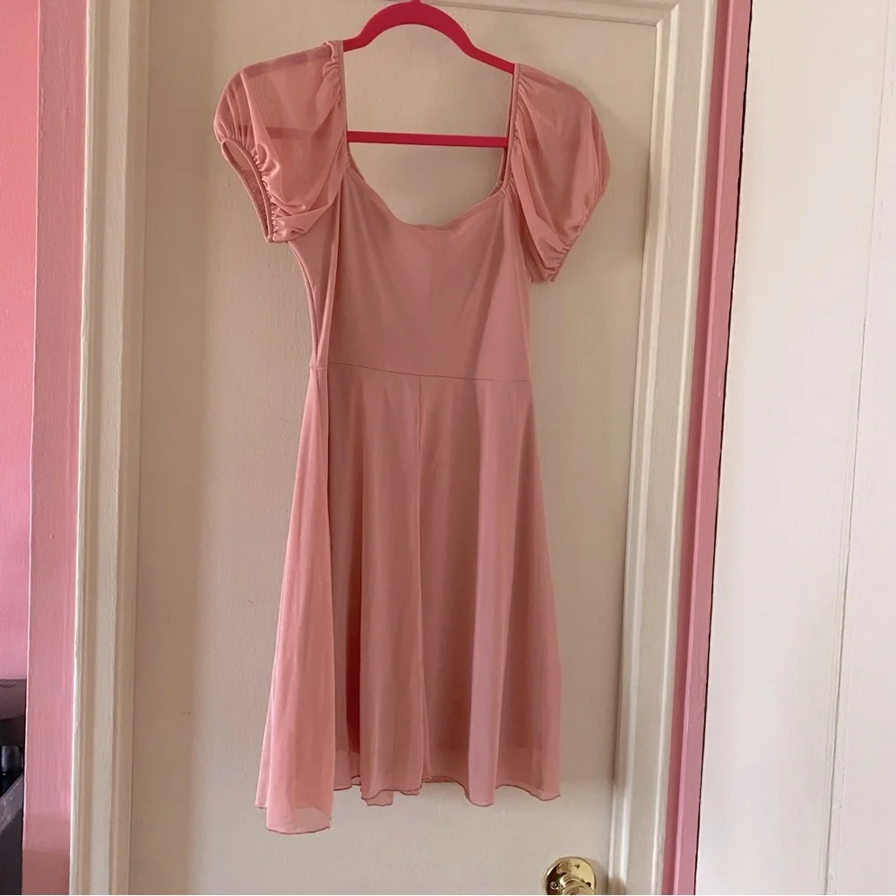 See You Monday Pink Mini Dress w Sheer Sleeves, Mesh Overlay and Rosebud Detail - Picture 2 of 5
